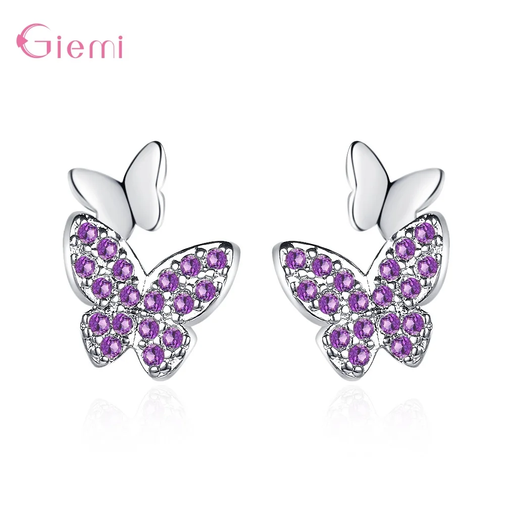 Elegant 925 Sterling Silver Butterfly Crystal Zircon Stud Earrings For Women Girls Wedding Party Fashion Jewelry Gifts Accessory