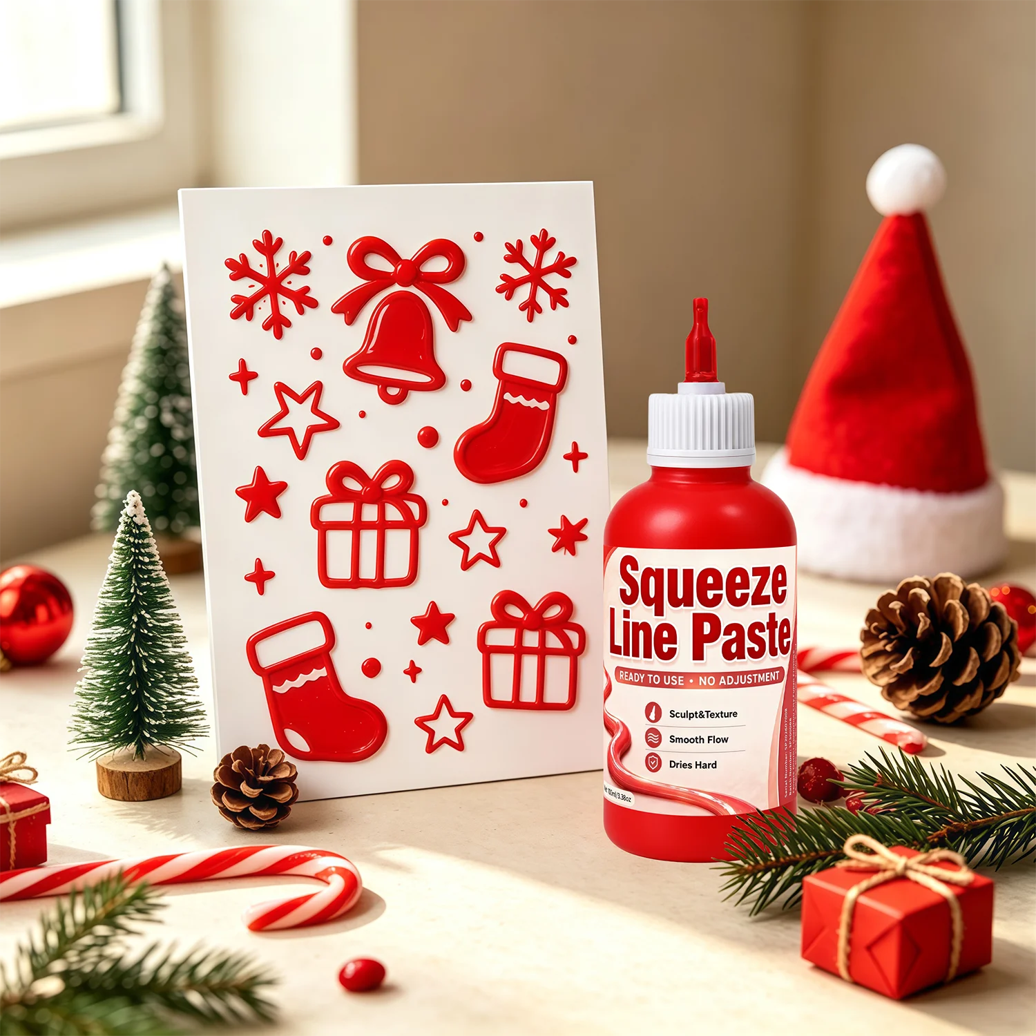 Red 3D Texture Paste with 3 Precision Tips, Raised Effect Liner for DIY Cards, Gift Tags, Scrapbooking & Holiday Art Projects