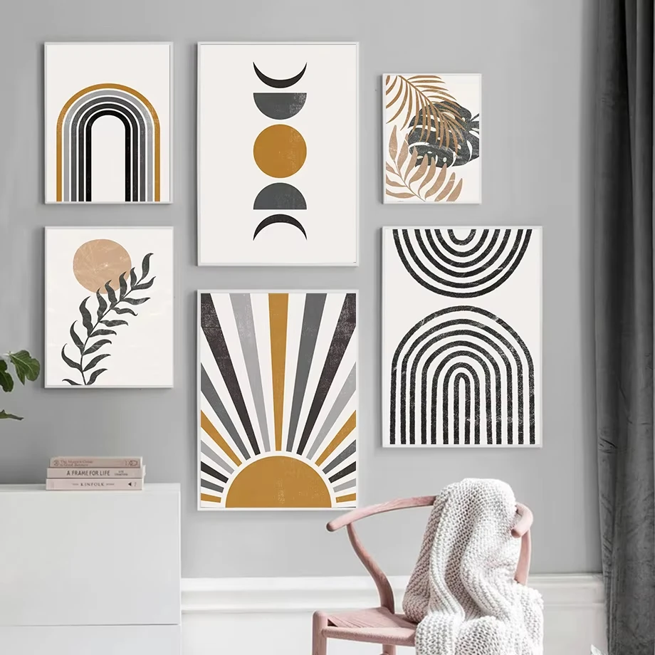 1PC frameless decorative art print,Sun Leaves Rainbow Abstract Geometry Boho Nordic Wall Art Painting Gallery Posters And Prints