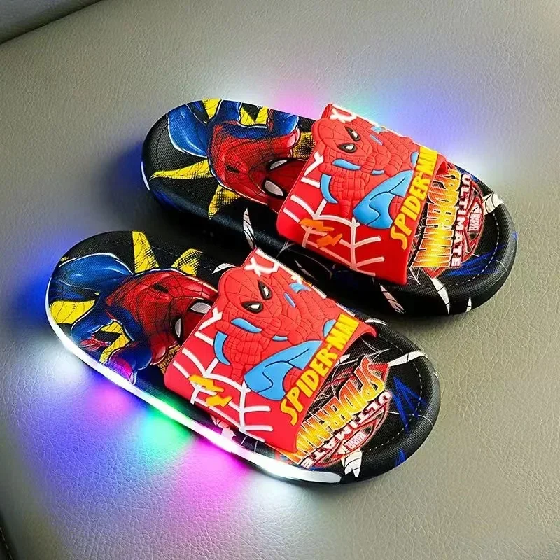 Summer Children LED Light Slippers Baby Boy Girl Cartoon Spiderman Print Kids Indoor Non-slip Soft Infant Beach Shoes Size 24-35