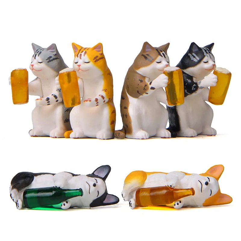 Cartoon Drunk Cat Dog Mini Figures Model Dolls Doge Corgi Shiba inu Funny Beer Pet Miniature Figurines Home Collection Kids Toys