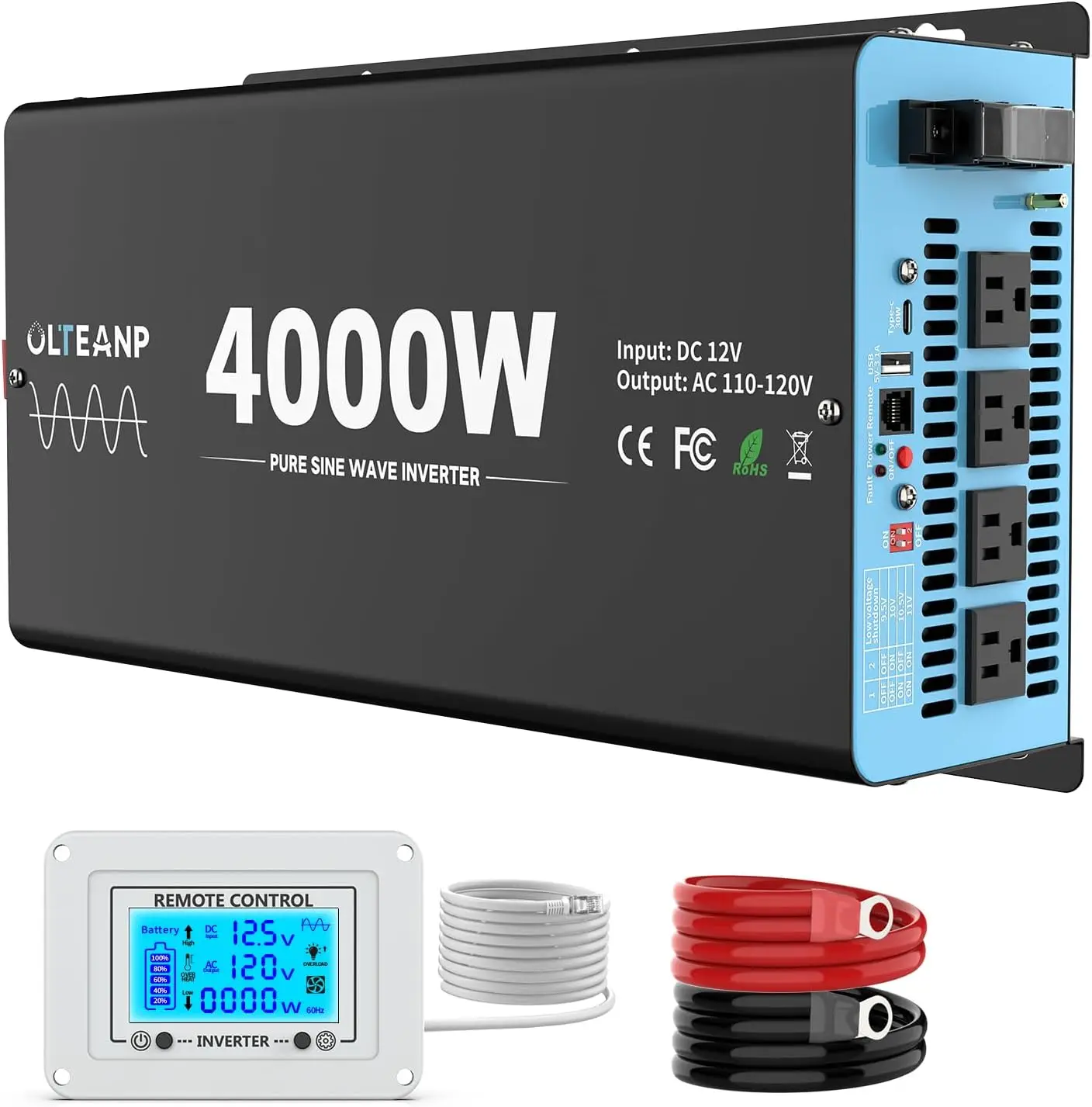 New Upgraded 4000 Watts Pure Sine Wave Inverter, 12V DC to 110V AC Power Inverter with 4 AC Outlets, USB Port, Type-C Port