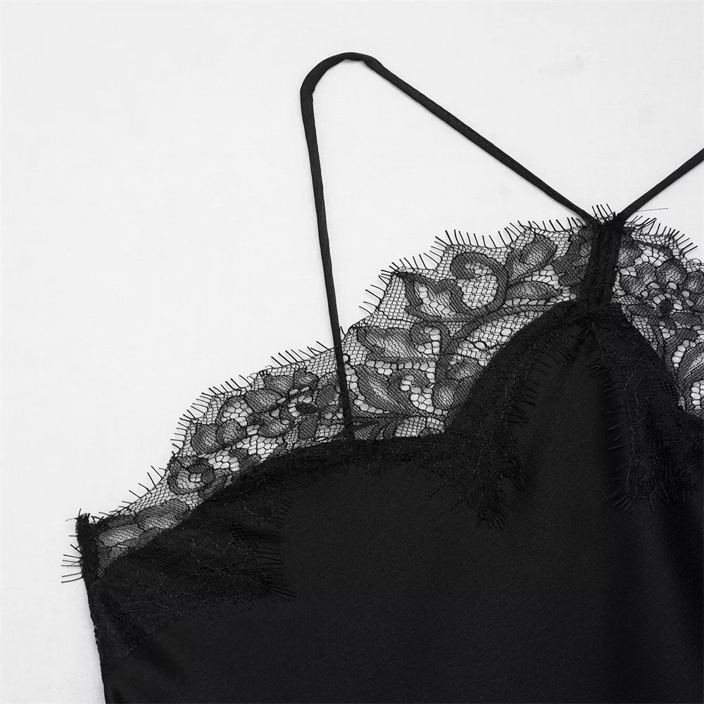 Women's lace embellished satin texture dress sleeveless backless irregular hem autumn new style temperament dress