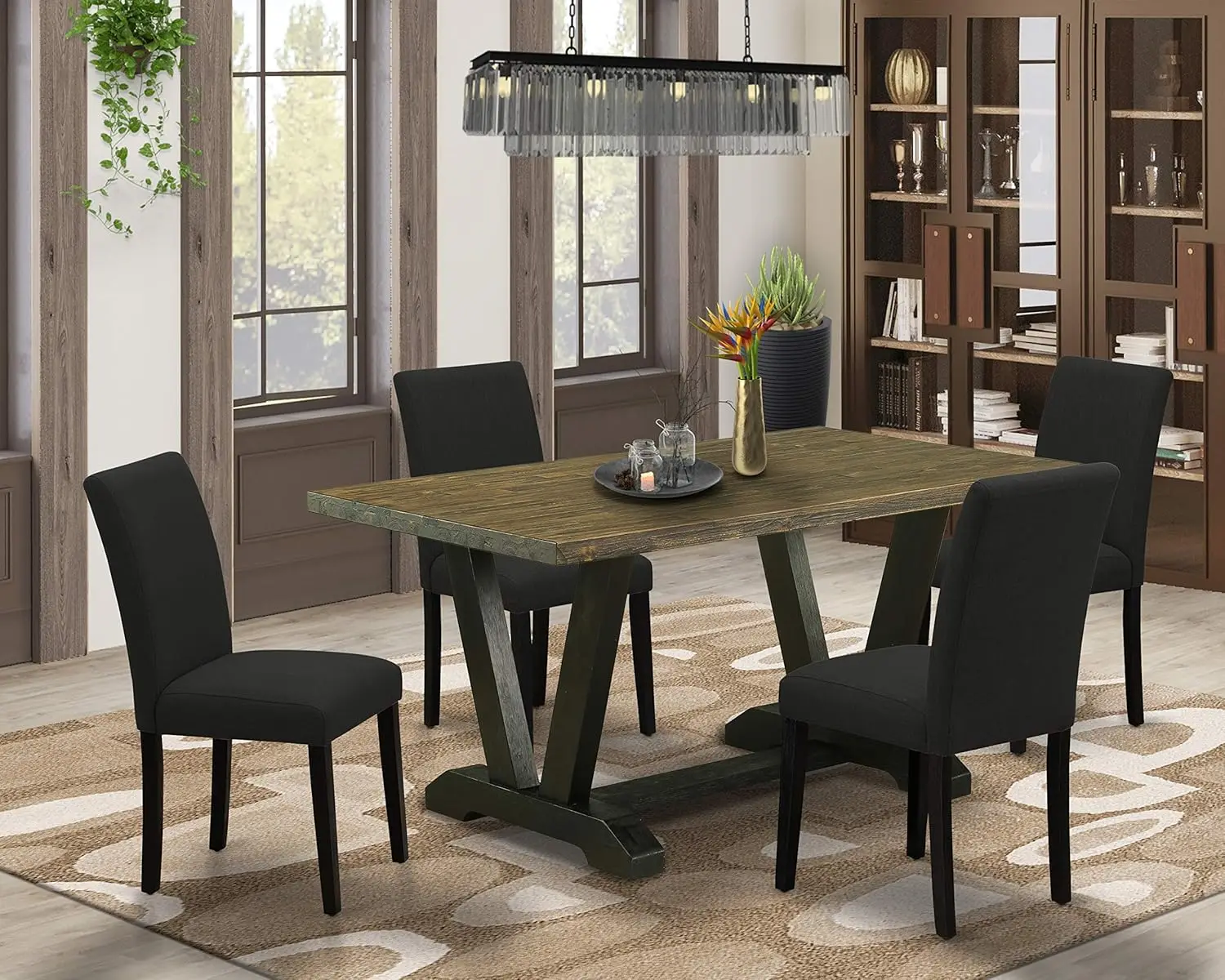 V-Style 5 Piece Modern Dining Set includes a Rectangle Wooden Table with V-Legs and 4 Black Linen Fabric Upholstered Chairs