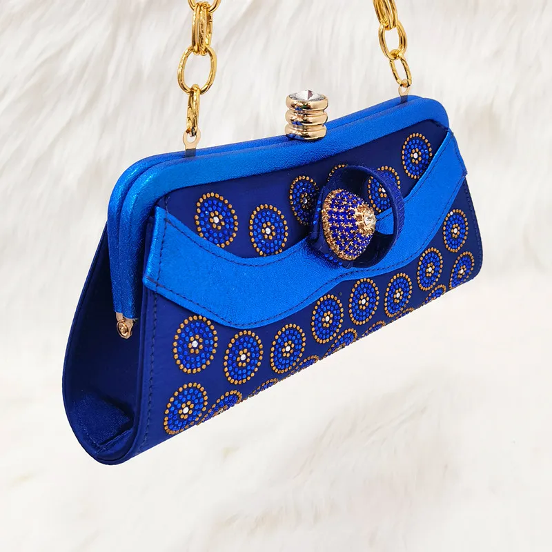 2022 Italian Design Nigerian Fashion Party Blue Color Ladies Shoes and Bag Set With Rhinestone and Metal Decoration