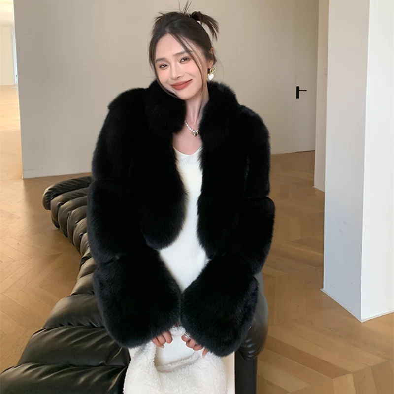 معطف فرو الثعلب من HOOOFUR سترة نسائية شتوية عصرية دافئة وسميكة من الجلد البني مقاس كبير معطف بارد من الفرو المزيف خصيصًا