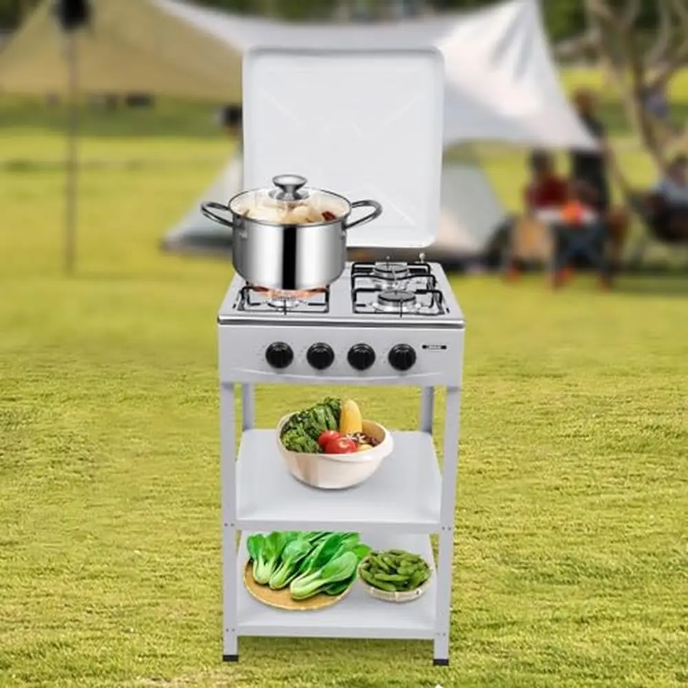 Stainless Steel Gas Stove 4-Burner BBQ Cooker with 2-Tier Storage Rack