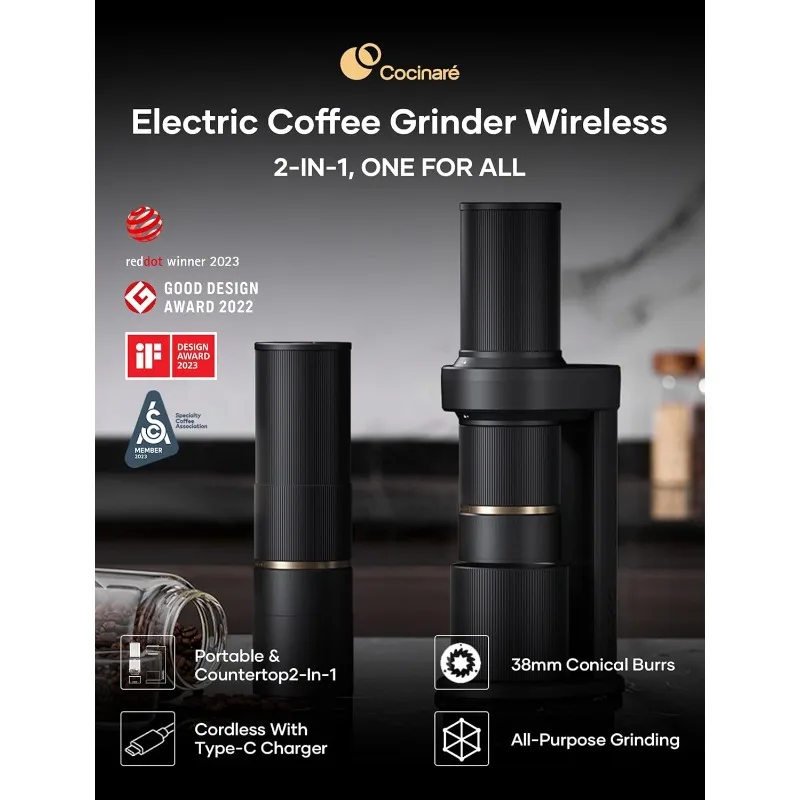 Coffee Grinder Electric Wireless 2-in-1 Portable & Removable Countertop Kit, Burr Coffee Grinders, for Drip, Espresso