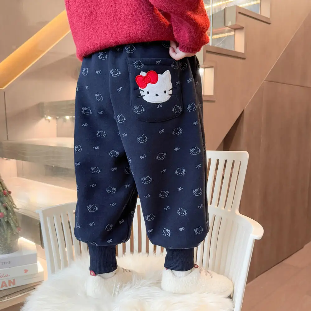 

Флисовые спортивные штаны Sanrio Hello Kitty для девочек, осенние и зимние утолщенные повседневные штаны, детские универсальные флисовые термоштаны