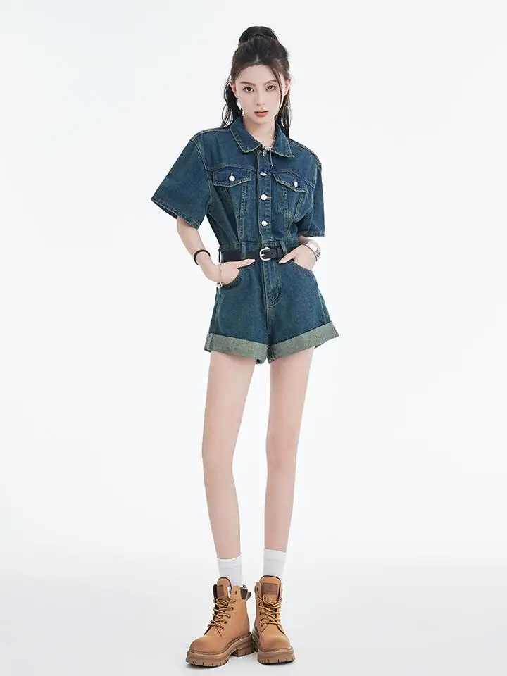 

Retro Workwear Denim Overalls Women's Summer Loose Waist Short Pants One-Piece Jeans Dress High Waist Cargo Pants Short Length