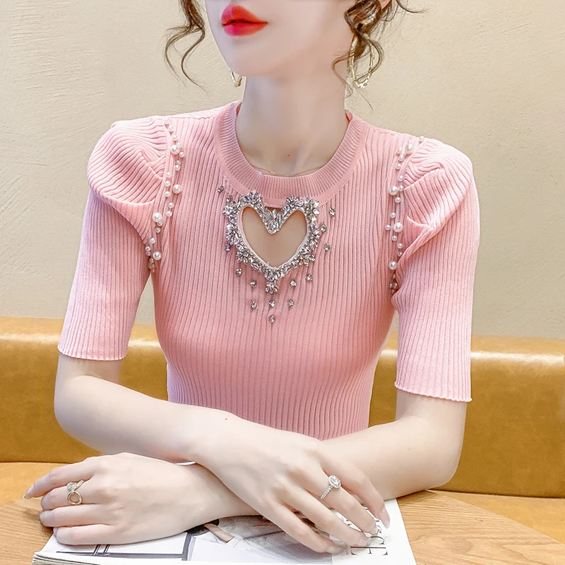 Summer Elegant Diamond Pearl Beading Short Pullover Sweater Fashion Thin Elastic Knitted Puff Short Sleeve O-Neck Knitwear