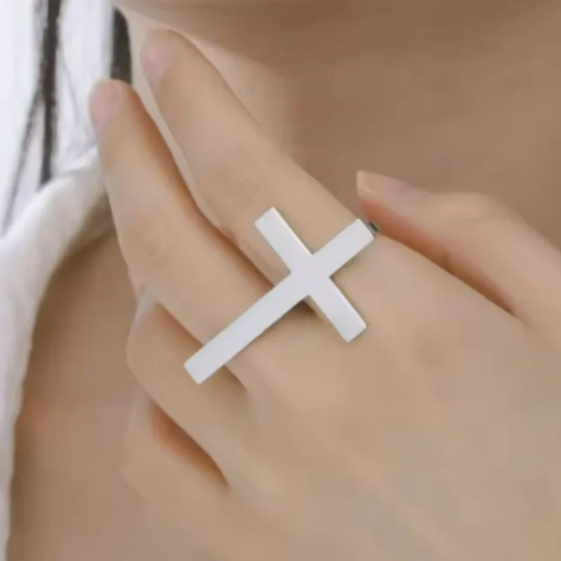 Punk Cross Ring Two Finger Ring Engraving Name Silver Stainless Steel Ring Men Knuckle Jewelry Personalized Gift for Boyfriend - view 3