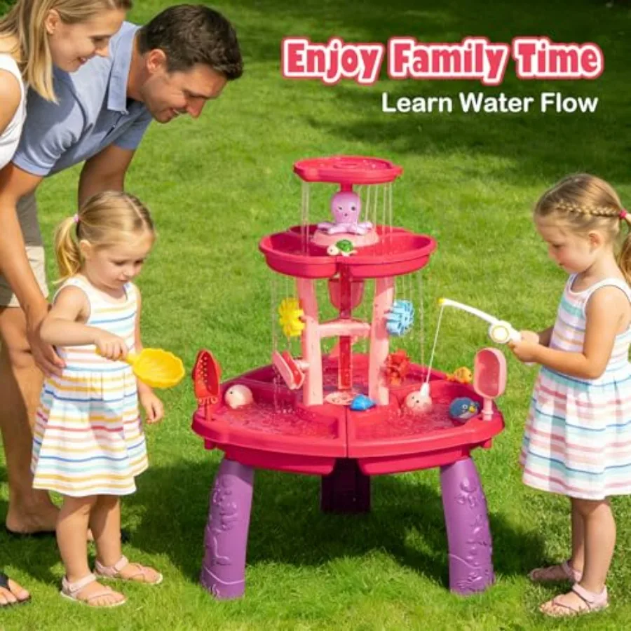 Outdoor 3-tier water table with fishing game set for toddlers ages 4-8, made of durable plastic, blue and yellow, includes sens