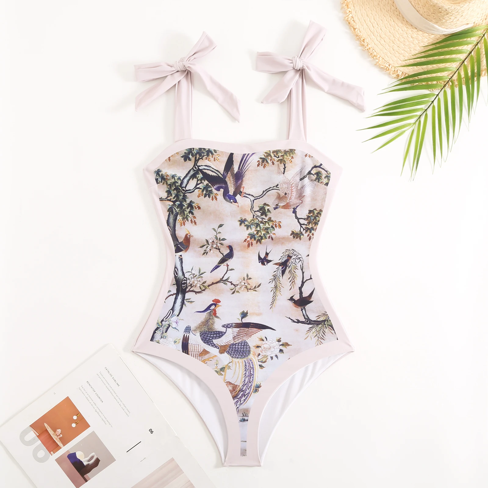 Retro One Piece Swimsuits Women Bow tie Beige Print Beach wear Cover Up Tradieional Painting Printed Swimwear 2024 Summer