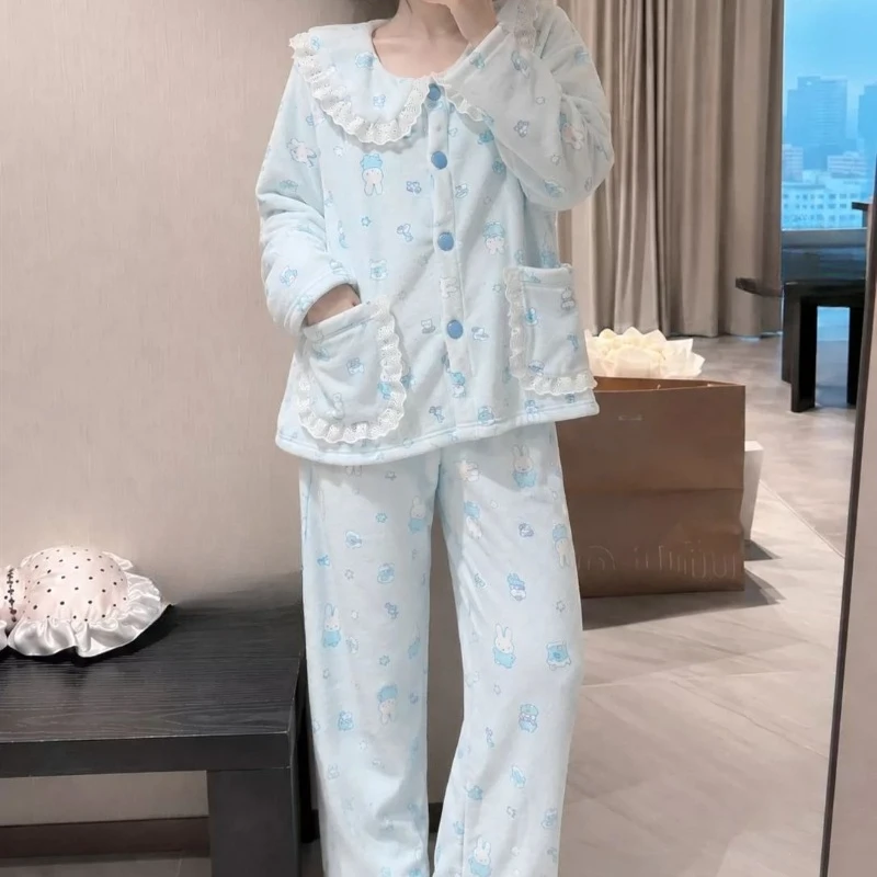 Cartoon Kawaii Miffy Doll Collar Pajamas Winter Thicken Plus Velvet Flannel Keep Warm Comfortable Have Pockets Household Clothes