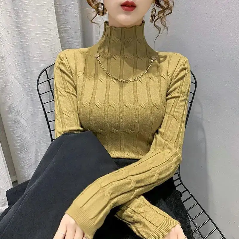 Turtleneck Autumn Winter Thick Bright Color Great Elasticity Female Cloths Multiple Colors Metal Chain Decoration Keep Warm Slim