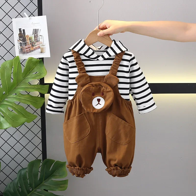 

New Spring Autumn Baby Girls Clothes Children Boys Striped Long Sleeved Hoodies Overalls 2Pcs/Set Infant Costume Kids Tracksuits
