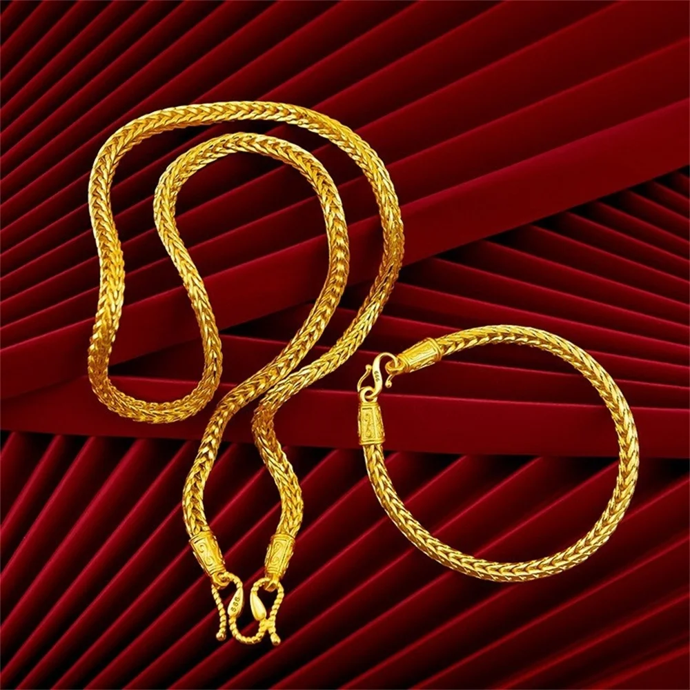 OUYADI 14K Gold Plated Stainless Steel Retro Men Necklace, Intricate Braided Wheat Chain, Elegant Domineering Male Jewellery