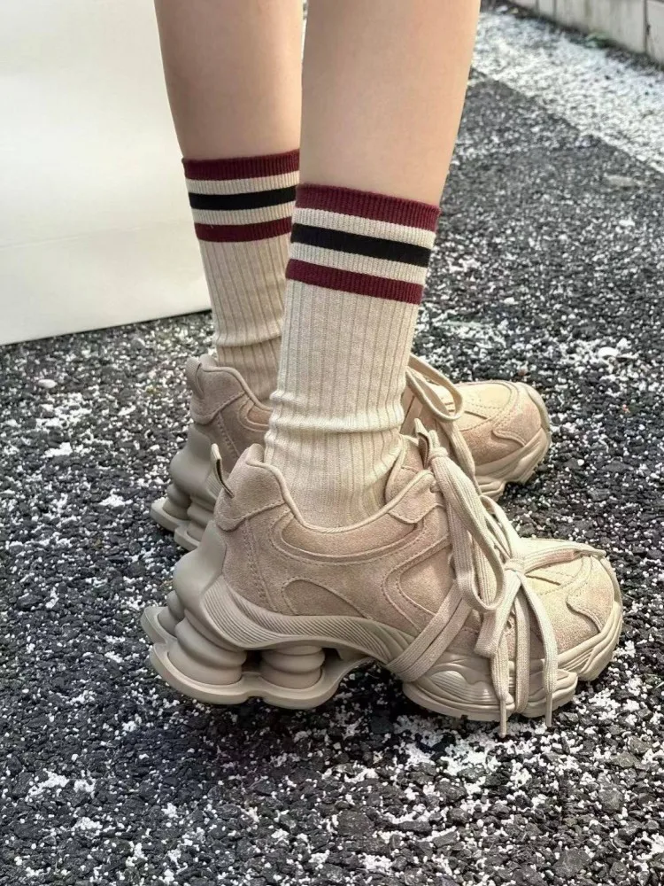 New Women Suede Real Leather Breathable Sneakers Comfortable Thick Platform Vintage Lace Up Trainers Running Sport Shoes Jogging