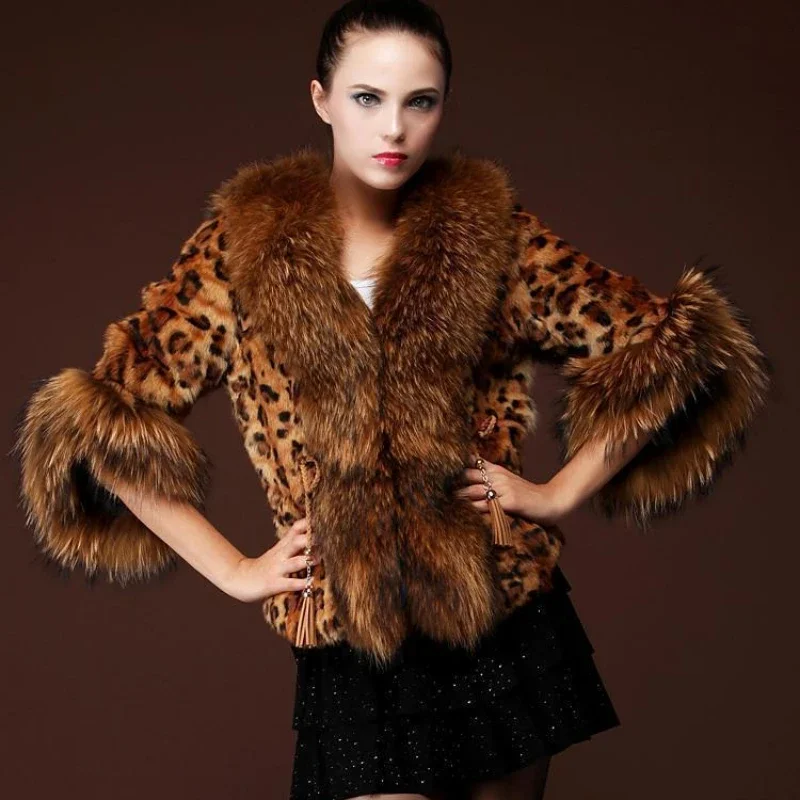 

PERITANG Elegant Coat Winter Faux Fur Women Leopard Print Coat Raccoon Fur Warm Thicken Luxury Coats Woman Loose Outwear 4XL