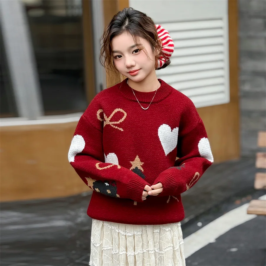 Elegant Children Red Color Heart Sweater with Christmas Tree for Tweens Girl Fashion New Year Knitwear Kids Christmas Clothing