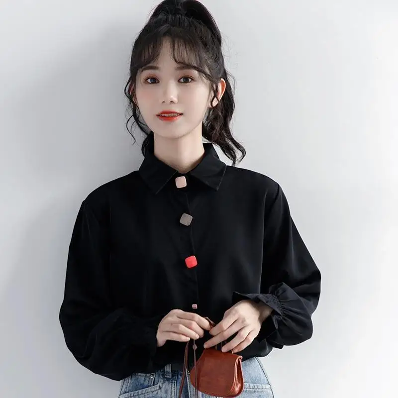 Spring Autumn Fashion Polo Neck Long Sleeved Blouses Casual Versatile Solid Color Cardigan Loose Simple Clothing Women's Shir
