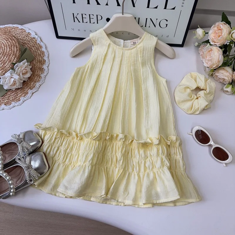 

2025Summer Girls' Dress Sweet Cute Ruffle Trim Tank Dress Little Girl Vacation Style Princess Dress Wholesale