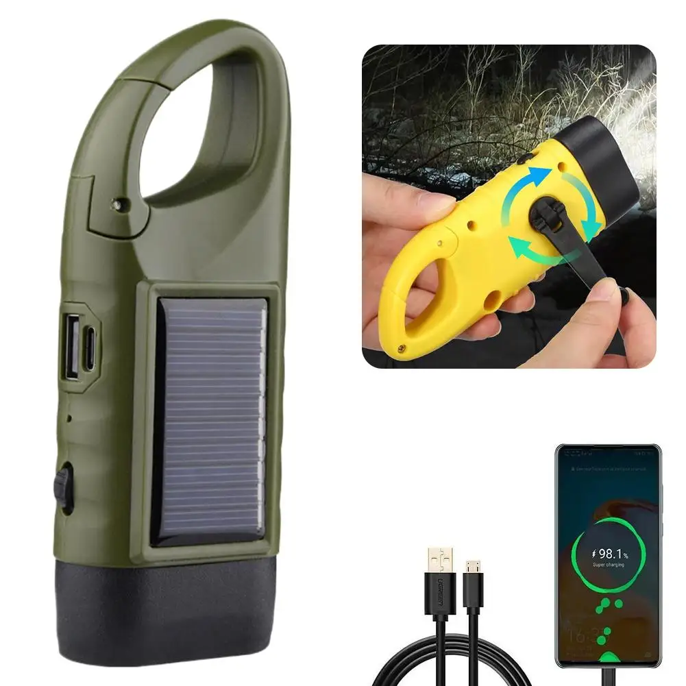 Portable LED Flashlight Tent Light Long-range Emergency Lantern Hand Crank Dynamo Solar Power Torch for Outdoor Camping Hiking