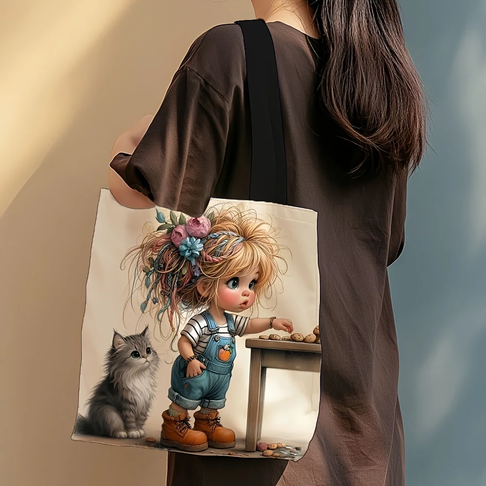 Cute Cartoon Tote Bag | Foldable & Reusable Shopping Bag with Adorable Girl & Cat Illustration, Mixed Colors, Casual Tote Bag