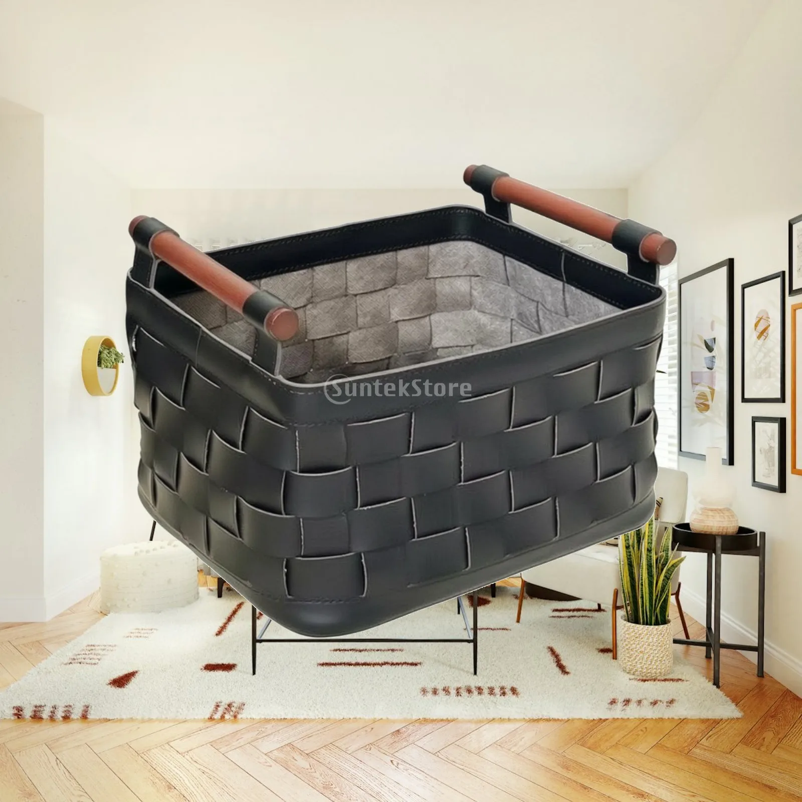 Woven Storage Basket with Handles Structured Basket with Handles Rectangular Storage Bin Sturdy Rustic for Shelves, Living Room