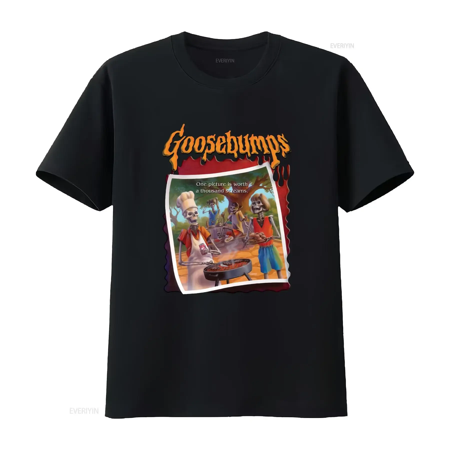 Goosebumps Vintage Skeleton Barbecue Oversized T Shirt Size S vintage Washed Unisex designer clothes Versatile graphic Casual