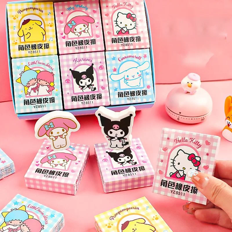 

12/24pcs Sanrio Kuromi Melody Cinnamoroll Kitty Eraser Cute Writing Drawing Pencil Erasers Stationery Gifts School Supplies