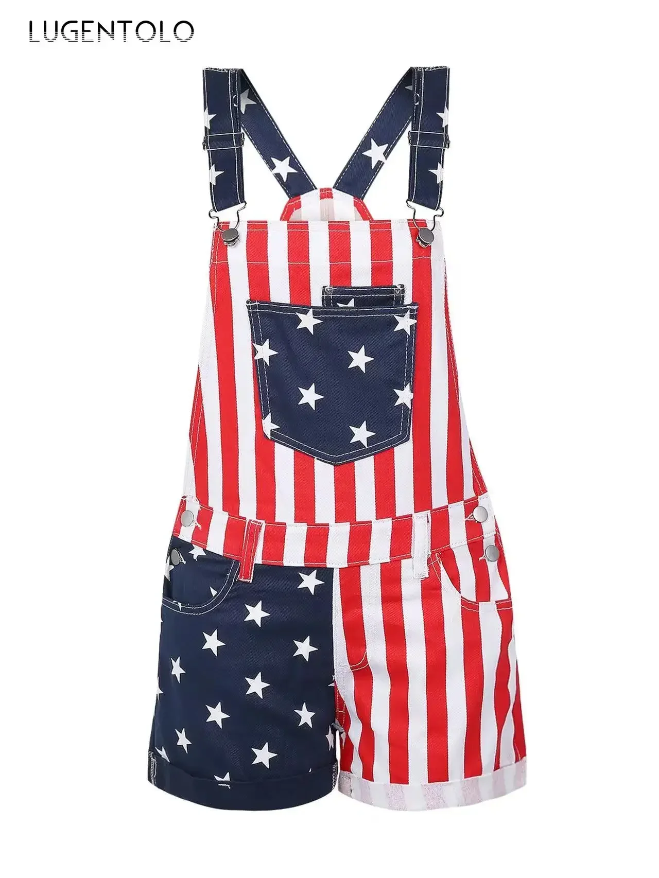 Women Independence Day Flag Rompers America Overalls Suspenders Summer Pocket Street Short Straight Leg Playsuits Available 4XL