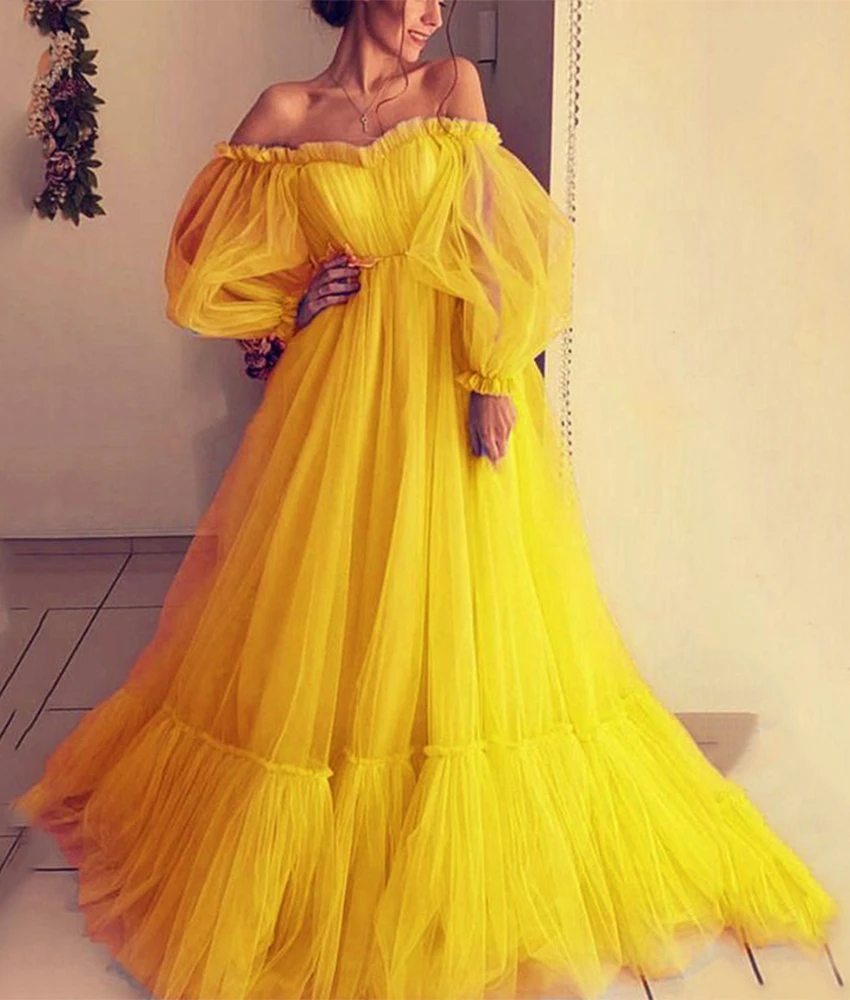 Customized Classic Tulle A-Line Off the Shoulder Ruffles Evening Dress High Quality Sweetheart Long Sleeves prom dresses