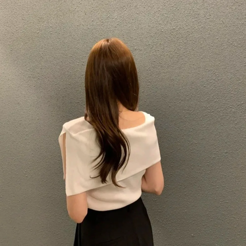 Elegant Autumn Winter Striped Knitwear Shirt Collar Side Slit Women's Knit Top Casual Elastic Summer Top for Women
