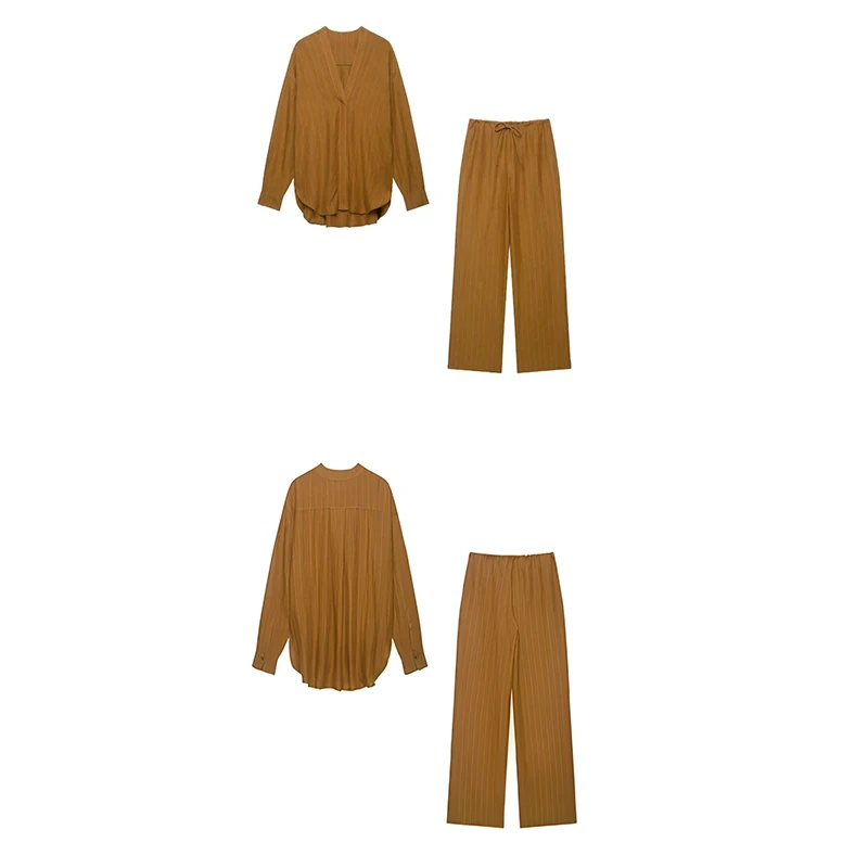 Guobiuziy Women's Linen Striped Suit 2026 Spring and Autumn Camel Color Design French-Style Fashion Trend Casual Retro Look