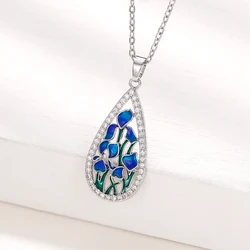 Huitan Blauwe Bloem Emaille Hanger Ketting Voor Vrouwen Zilveren Kleur Ketting Mode Water Drop Charm Wedding Anniversary Nieuwe Sieraden