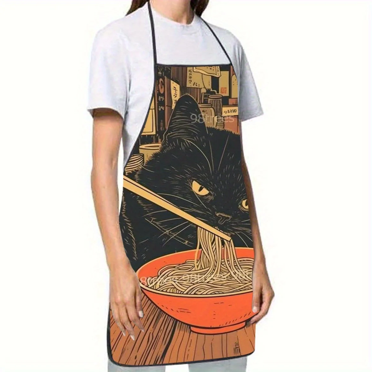 Black Cat Eating Ramen Fun Apron, Sturdy & Durable, Versatile for Kitchen, Restaurant & Housework Apron