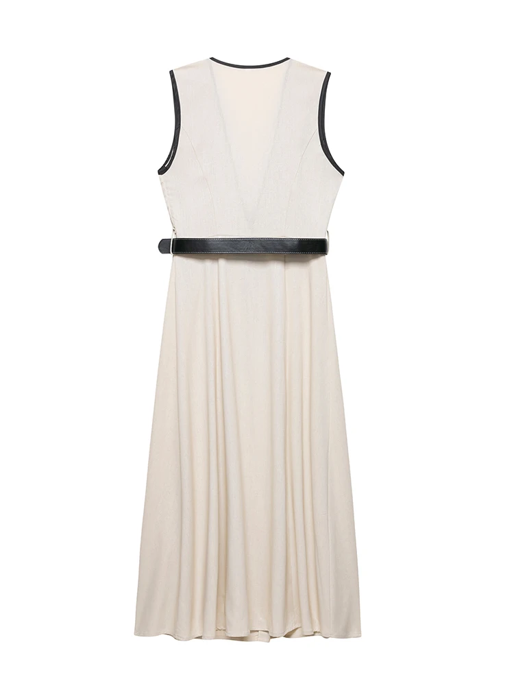 SIYANG Damska Moda z Paskiem Beżowa Sukienka Midi Prosta Jednorzędowa Vintage Dekolt V Bez Rękawów Elegancka Sukienka Damska