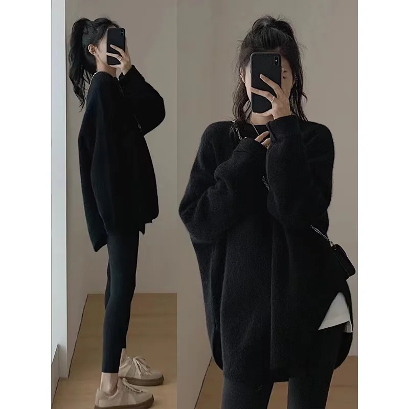 Sweater kasmir wanita, Sweater ukuran besar longgar gaya Korea panjang sedang 100% wol rajut Pullover Perancis 2024 musim gugur musim dingin