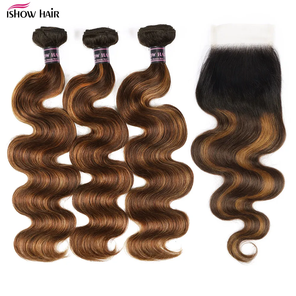 FB 30 Highlight Bundles With Closure 30 Inch Body Wave Bundles With 4x4 Transparent Closure Brazilian Remy Hair Weave For Women