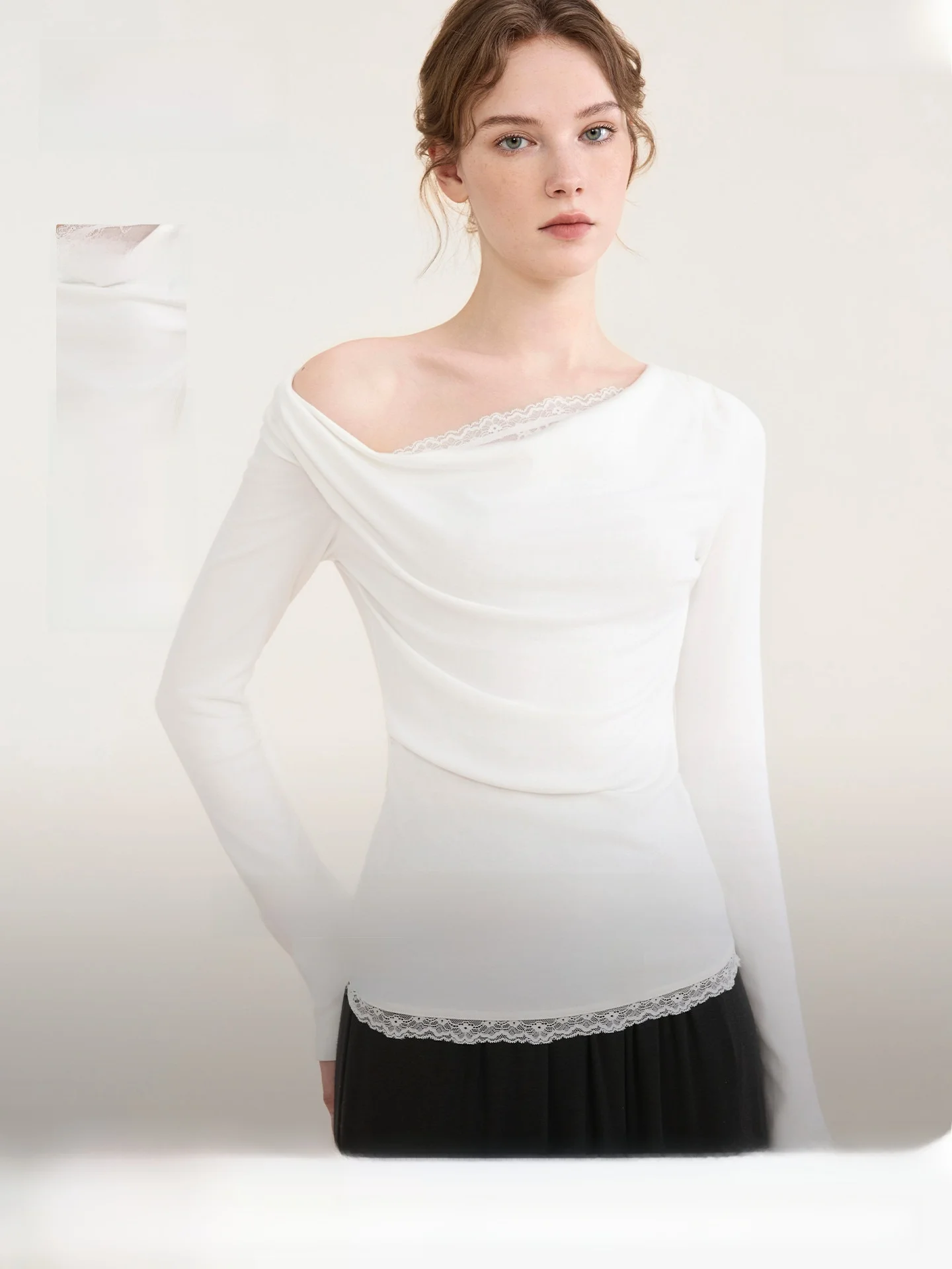 Elle Women's Lace Trim Knitted Base Shirt Slim Fit Thermal Locking Autumn Winter Fashion T-Shirt Comfortable Versatile Body S...
