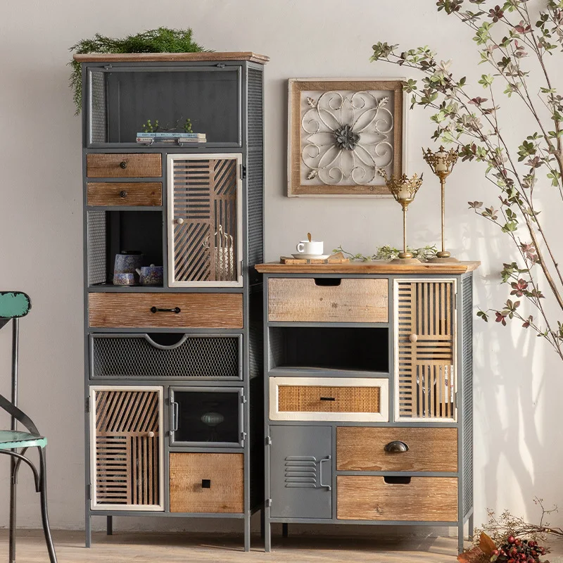 

American retro wrought iron dining side cabinet, industrial style solid wood storage locker, bed and breakfast bar decorative ch