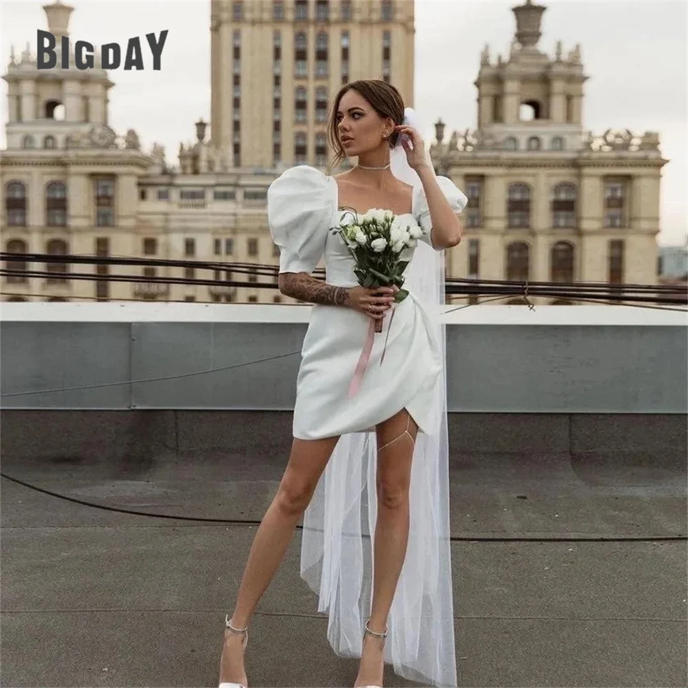 

Elegant Short Wedding Dresses Swwtheart Half Puff Sleeve Pleat Open Back Lace-up Satin Bridal Gown Above-Knee Vestidos De Noiva