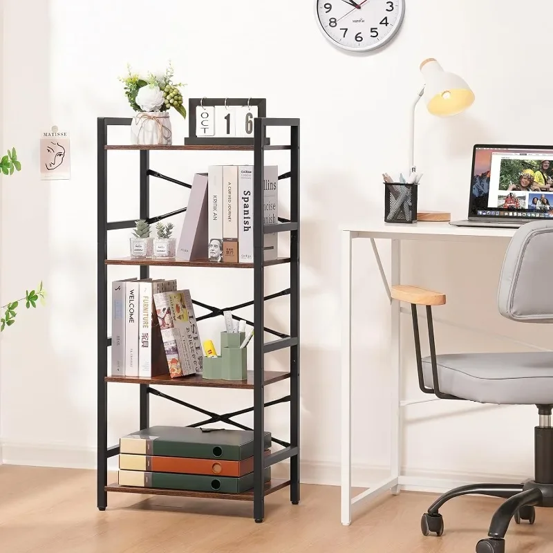 4Tier Bookshelf - Small Book Shelf Industrial Bookcase, Narrow Book Case Book Storage Organizer for CD/Movie/Book, Bookshelves