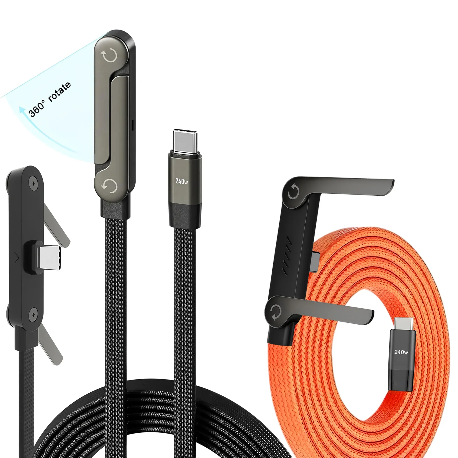 Orange/schwarzes, schnell aufladendes Typ-C-auf-C-Kabel, faltbare, nylonummantelte Datenleitung mit Telefonladegerät-Ständer für iPhone, Samsung, Xiaomi
