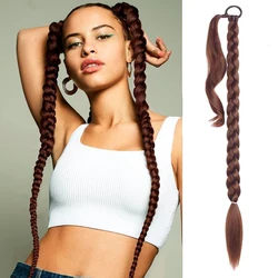 Extensões de cabelo de rabo de cavalo trançado longo sintético Tranças de boxe sintéticas enroladas em volta do chignon acolchoado com elástico de cabelo castanho