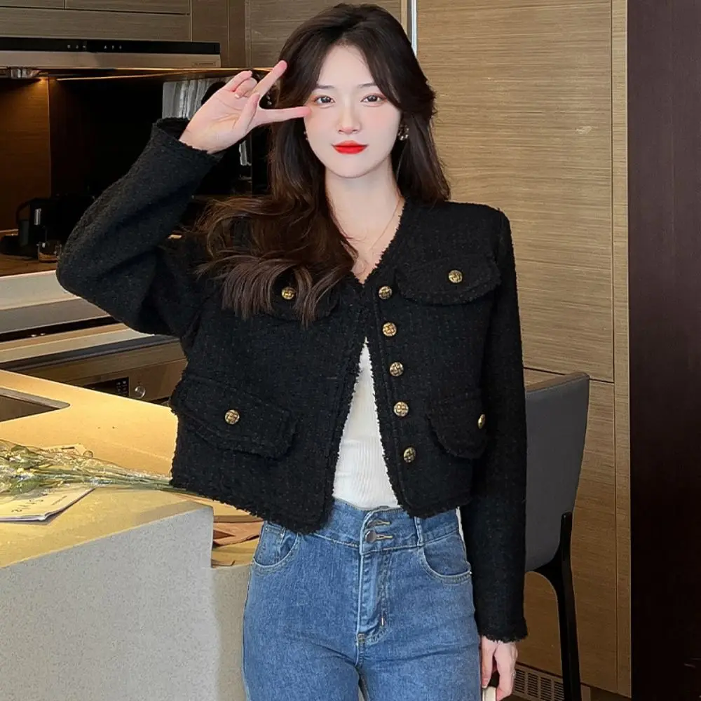 سترة نسائية أنيقة Y2k معاطف كورية عتيقة من التويد ملابس خارجية أنيقة على الطراز الاجتماعي سترة نسائية #4
