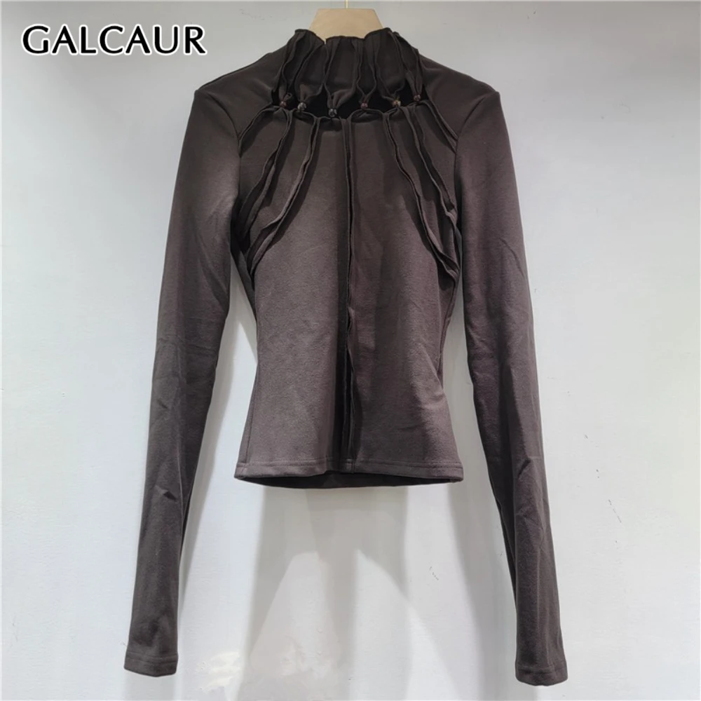 

GALCAUR Solid Spliced Holllow Out T Shirt Female Stand Collar Long Sleeve Loose American Retro Women's T Shirts Autumn Fashion