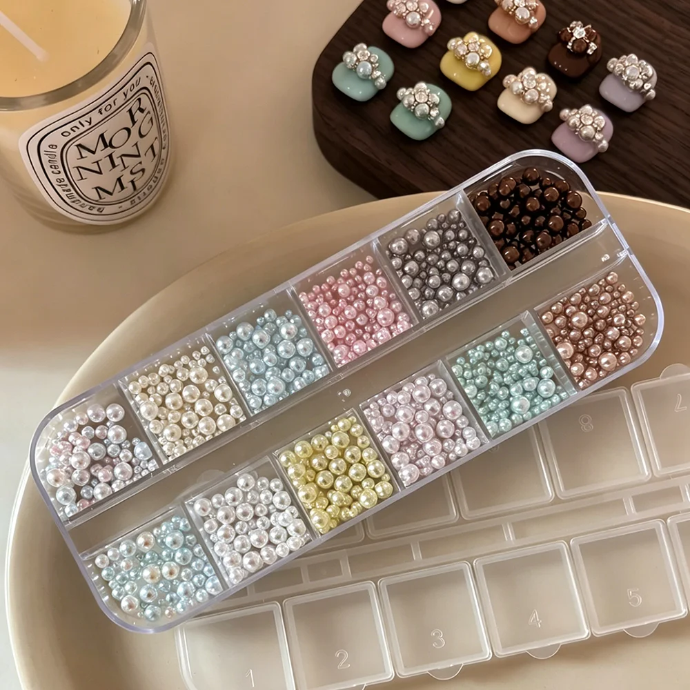12 Gitter 3D Hochglanz-Rundperlen Nagelcharms Gemischte Größen Dopamin-Farben Perlenperlen Nagelkunst-Dekoration DIY Maniküre-Teile – Detail 12
